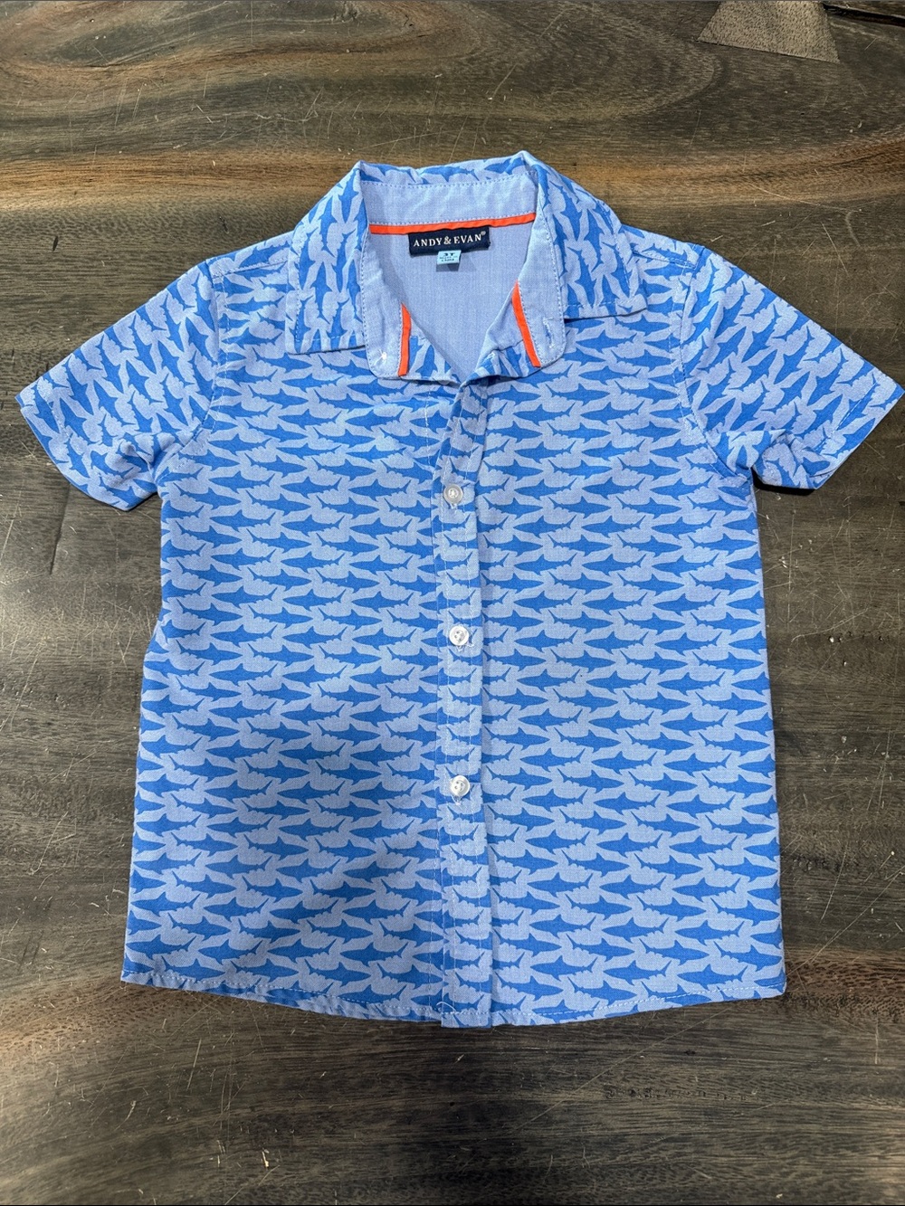 Andy & Evan Blue Shark-Print Short Sleeve Button-Down with Orange Trim